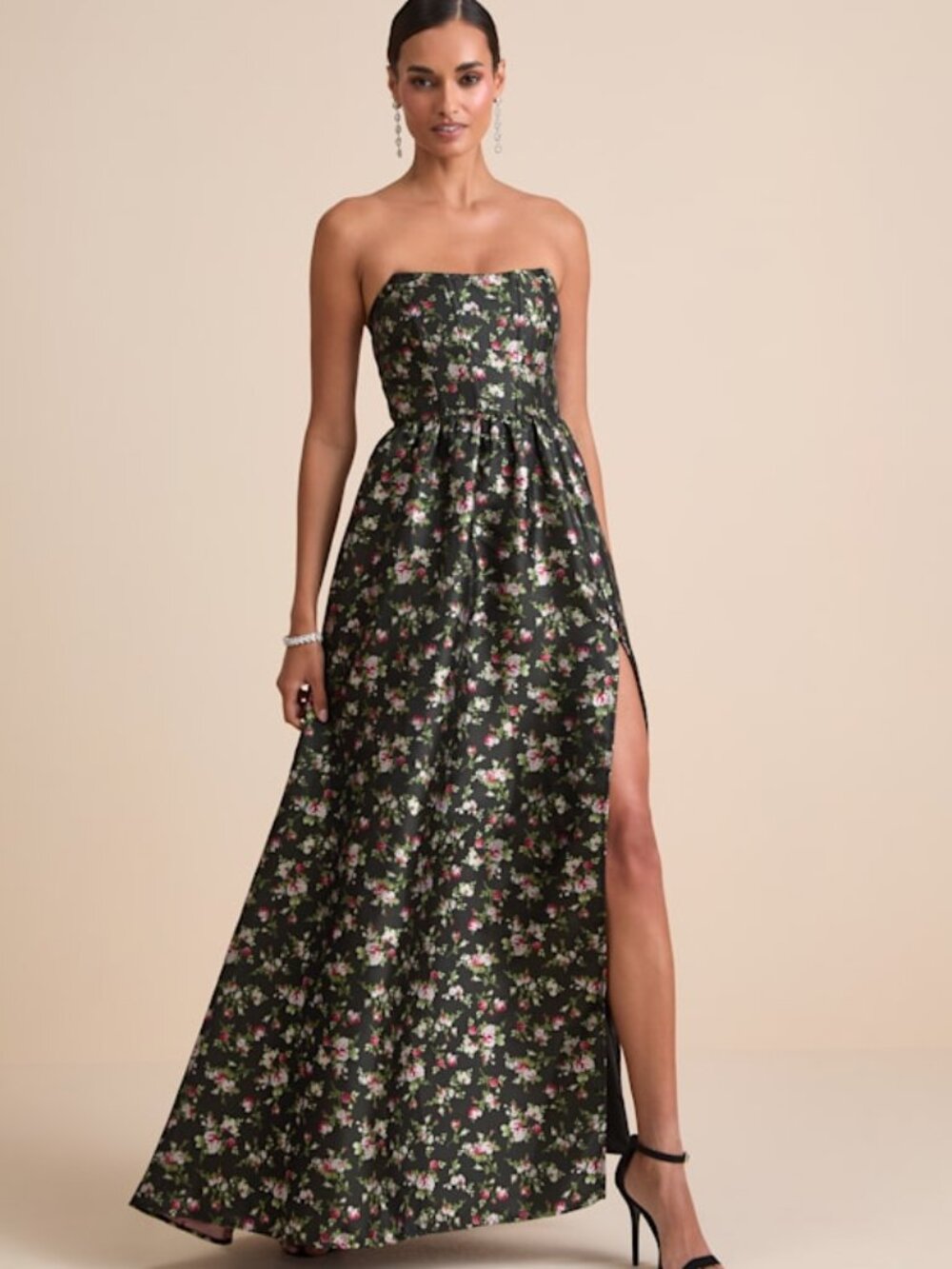 Lulus Rainie Black Floral Jacquard Strapless Lace-up Maxi Dress - Size 1X
